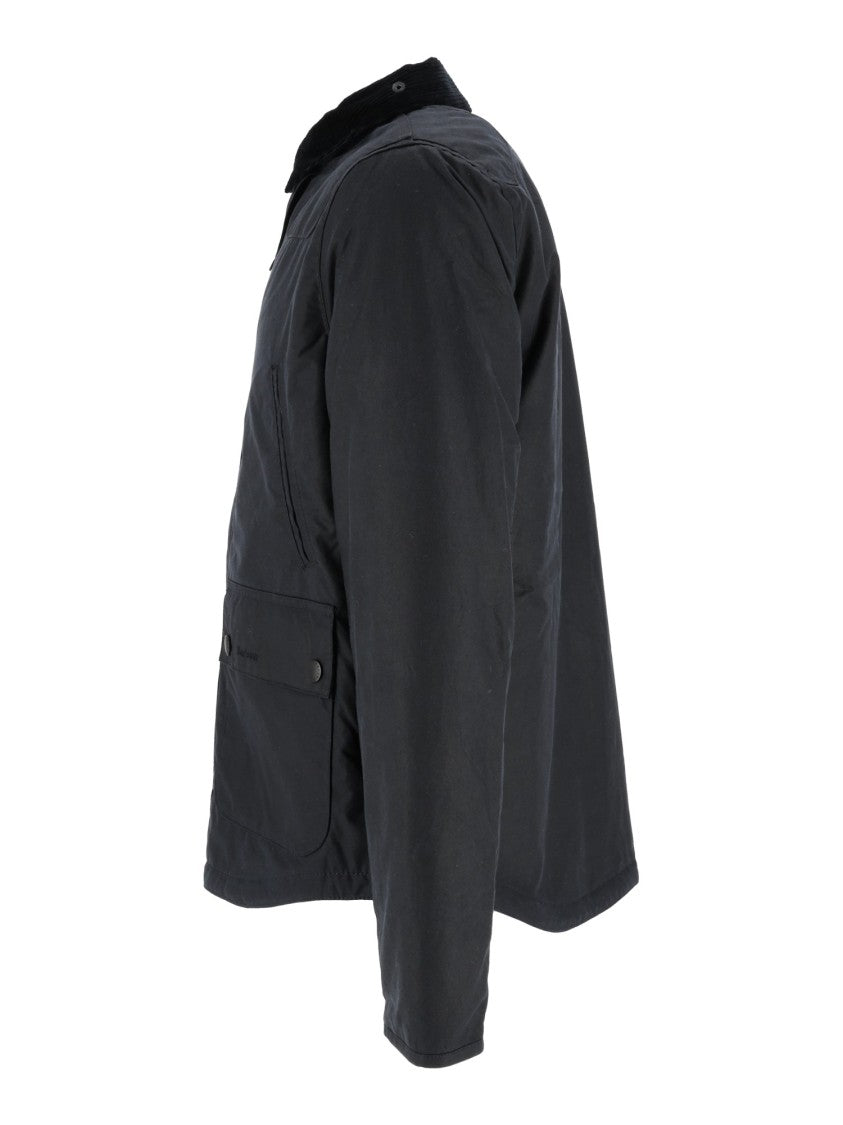 Barbour Structured Black Waxed Cotton Jacket With Snap Button Details