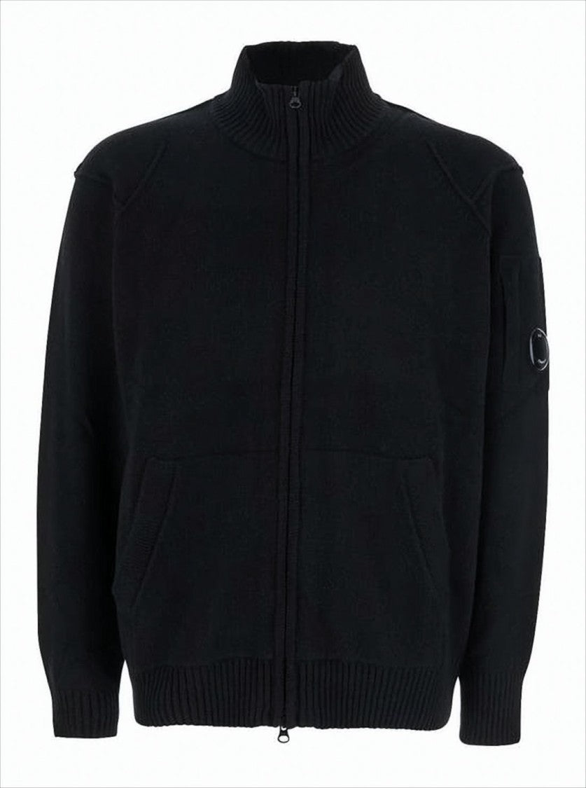 C.P. Company Black Zip-Up Cardigan With Ribbed Detailing And Logo Patch