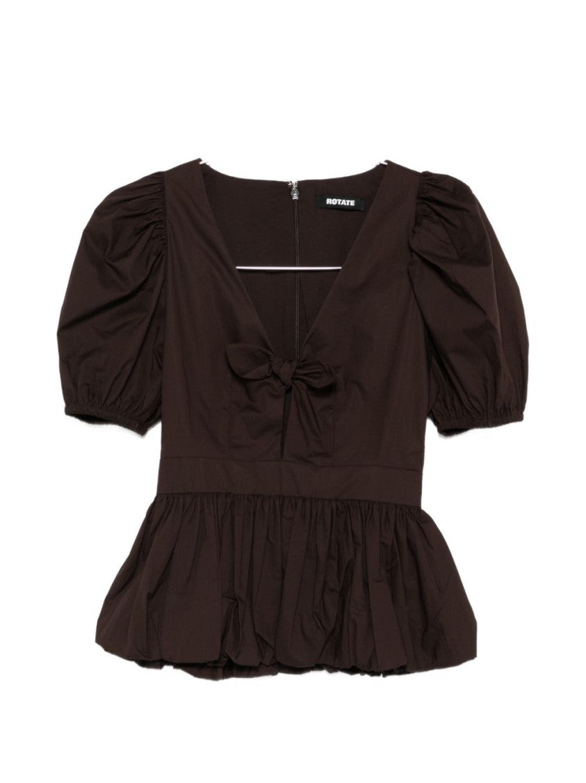 Rotate Deep V-Neck Top With Puff Sleeves And Bow Detail