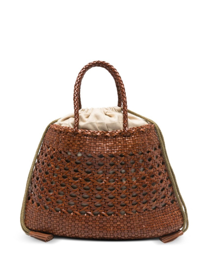 Dragon Diffusion Medium Brown Woven Leather Handbag With Drawstring Closure