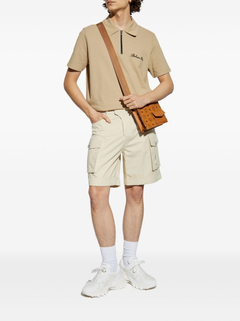 Balmain Beige Zip Fastening Embroidered Logo Polo