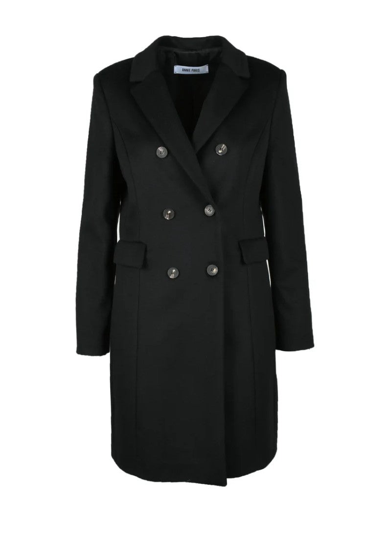 Annie Paris Double-Breasted Tailored Black Wool Coat