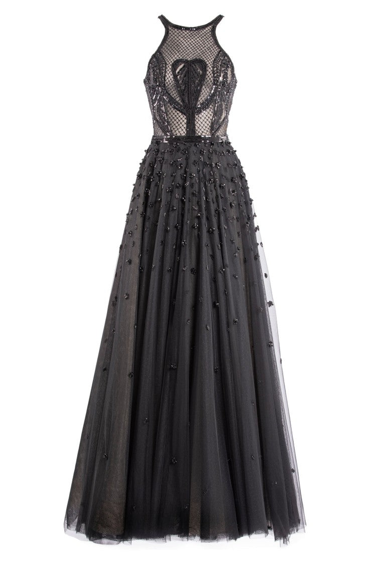 Saiid Kobeisy Tulle Beaded Dress With Halter Neckline