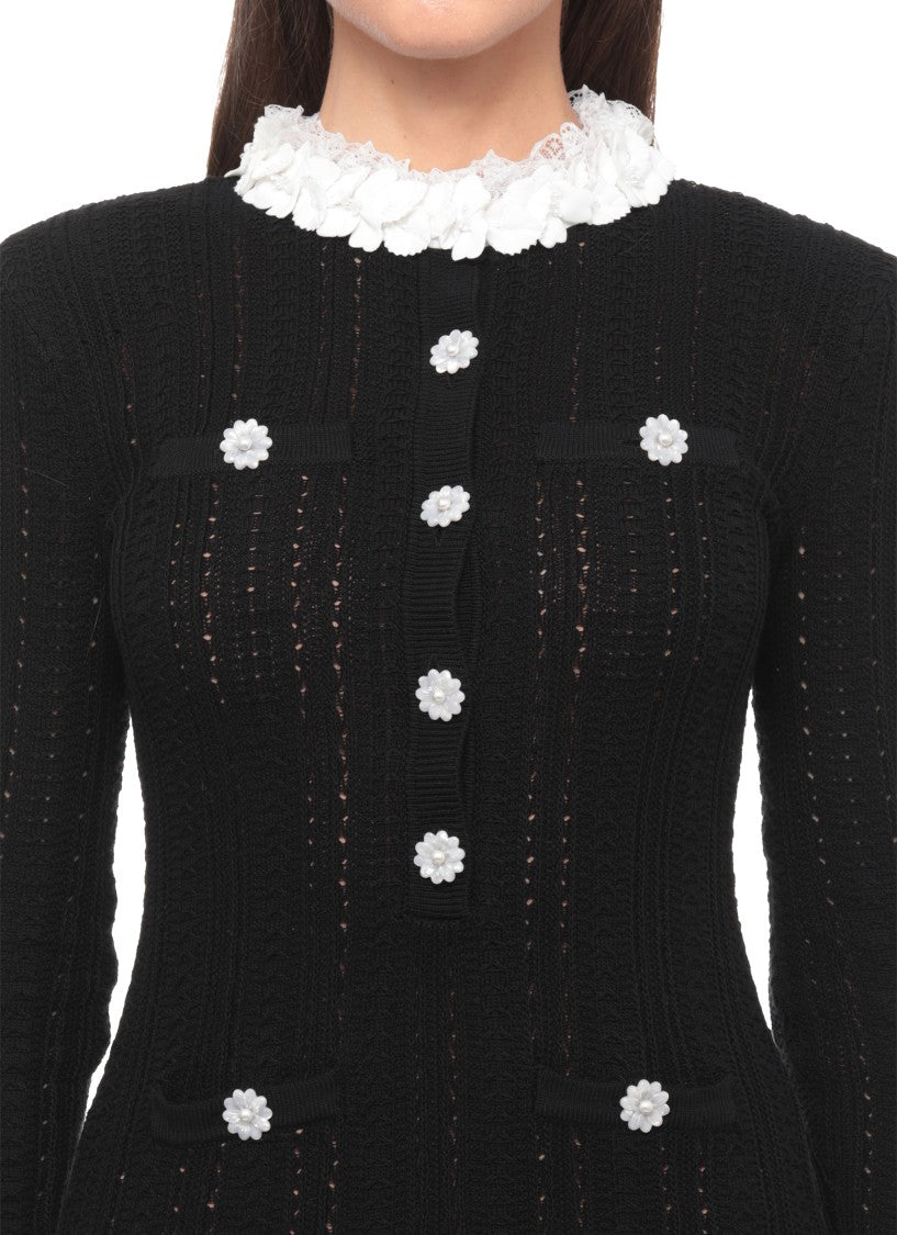 Self-Portrait Flared Black Midi Crochet Dress With Ruffled Sleeves And Floral Accents