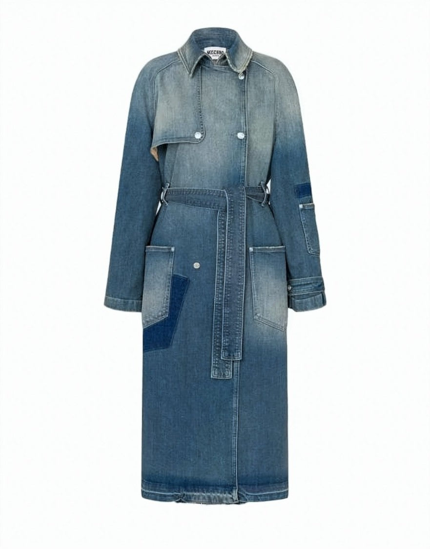 Moschino Denim Trench Coat With Faded Wash