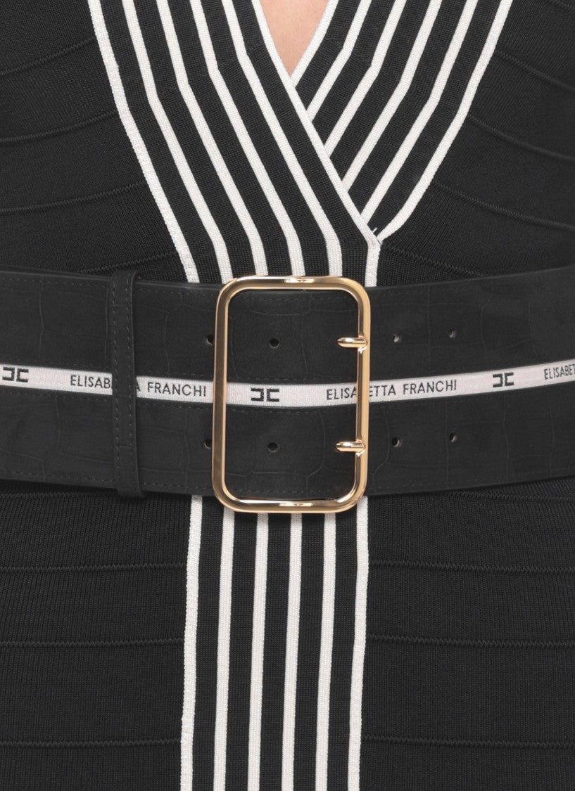 Elisabetta Franchi Fitted Viscose Mini Dress With Contrasting Stripes And Matching Belt