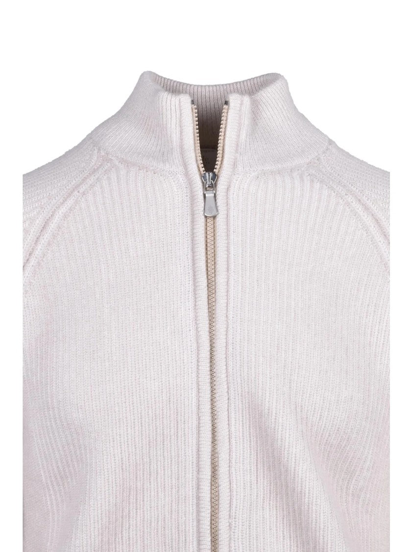 Eleventy White High Collar Cashmere Zip-Through Knit