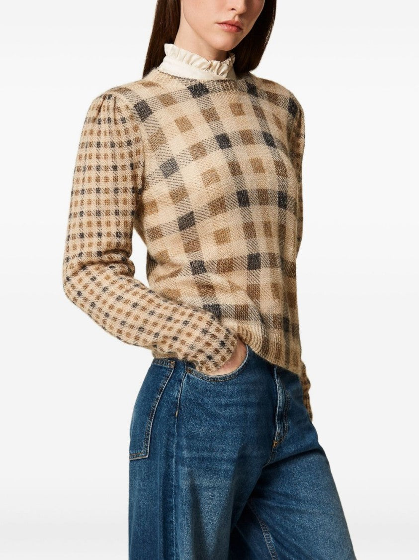 Twin-Set Checkered Knit Sweater With Puffed Sleeves