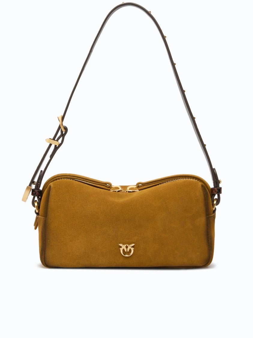 Pinko Rectangular Mini Suede Shoulder Bag With Textured Strap