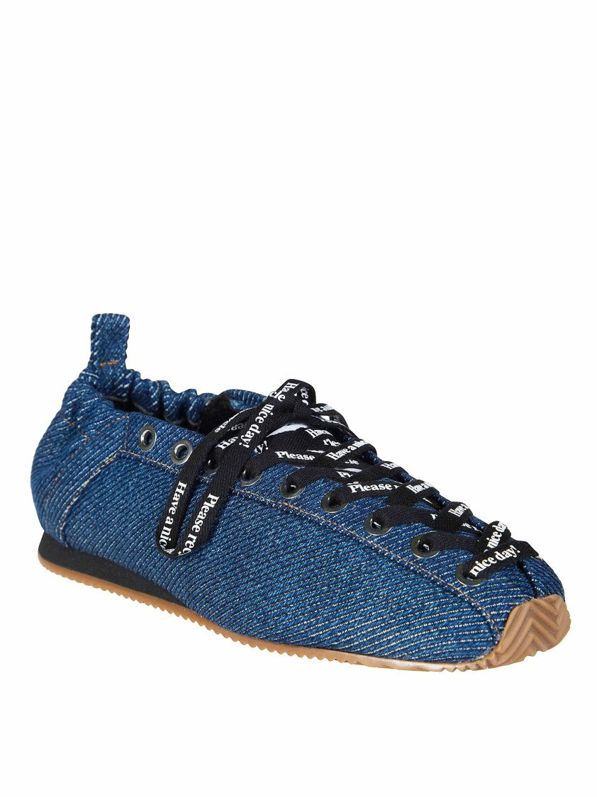Ganni Denim Rounded Toe Lace Up Flats