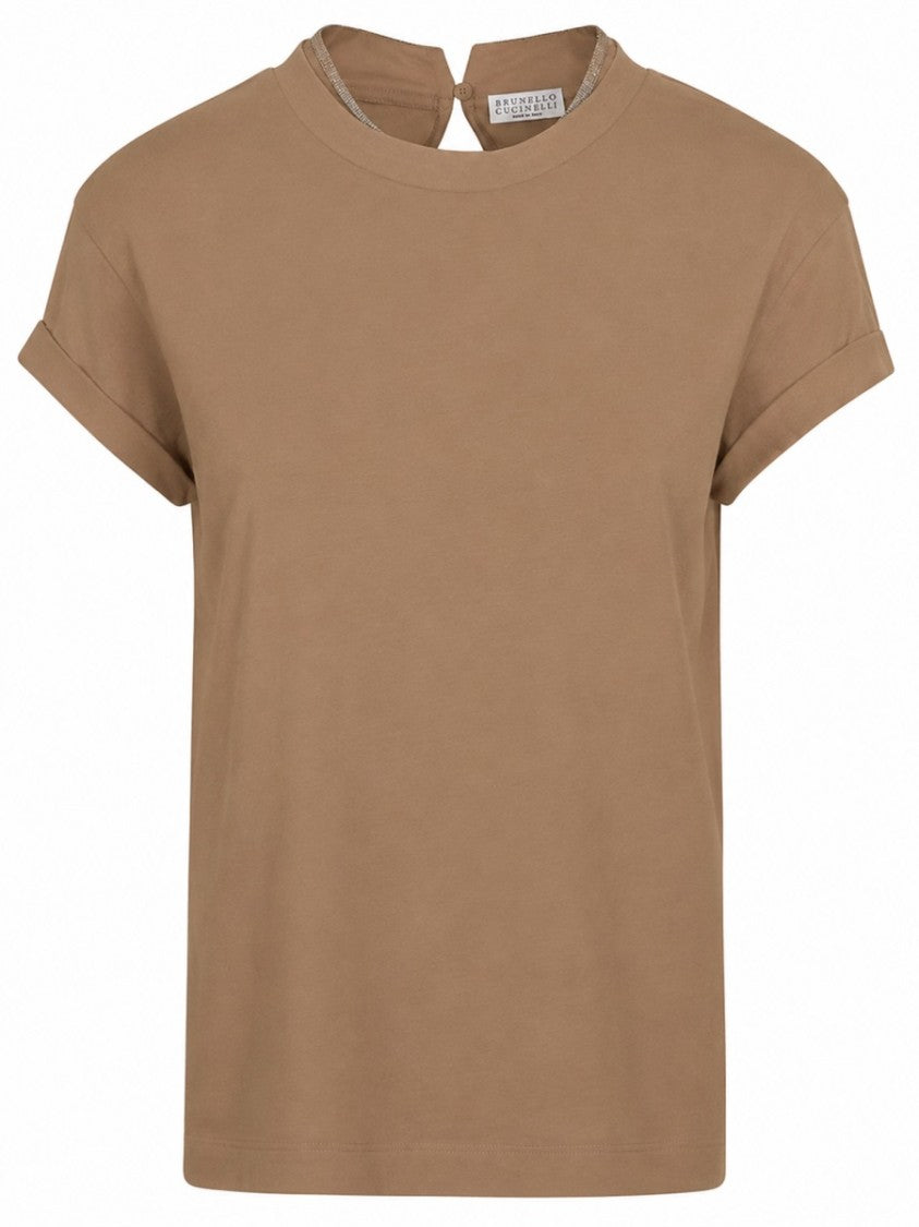 Brunello Cucinelli Brown Keyhole Jersey Cotton-Blend T-Shirt
