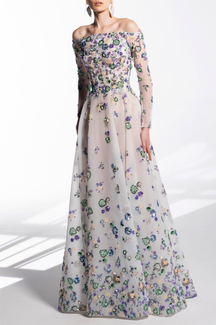 Saiid Kobeisy Multicolor Tulle Beaded Off-Shoulder Flared Long Dress