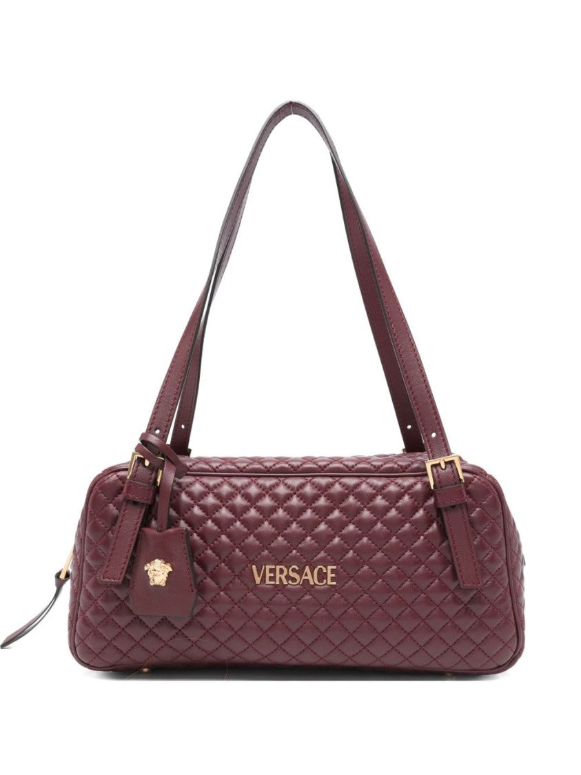 Versace Quilted Bordeaux Shoulder Bag With Gold-Tone Accents