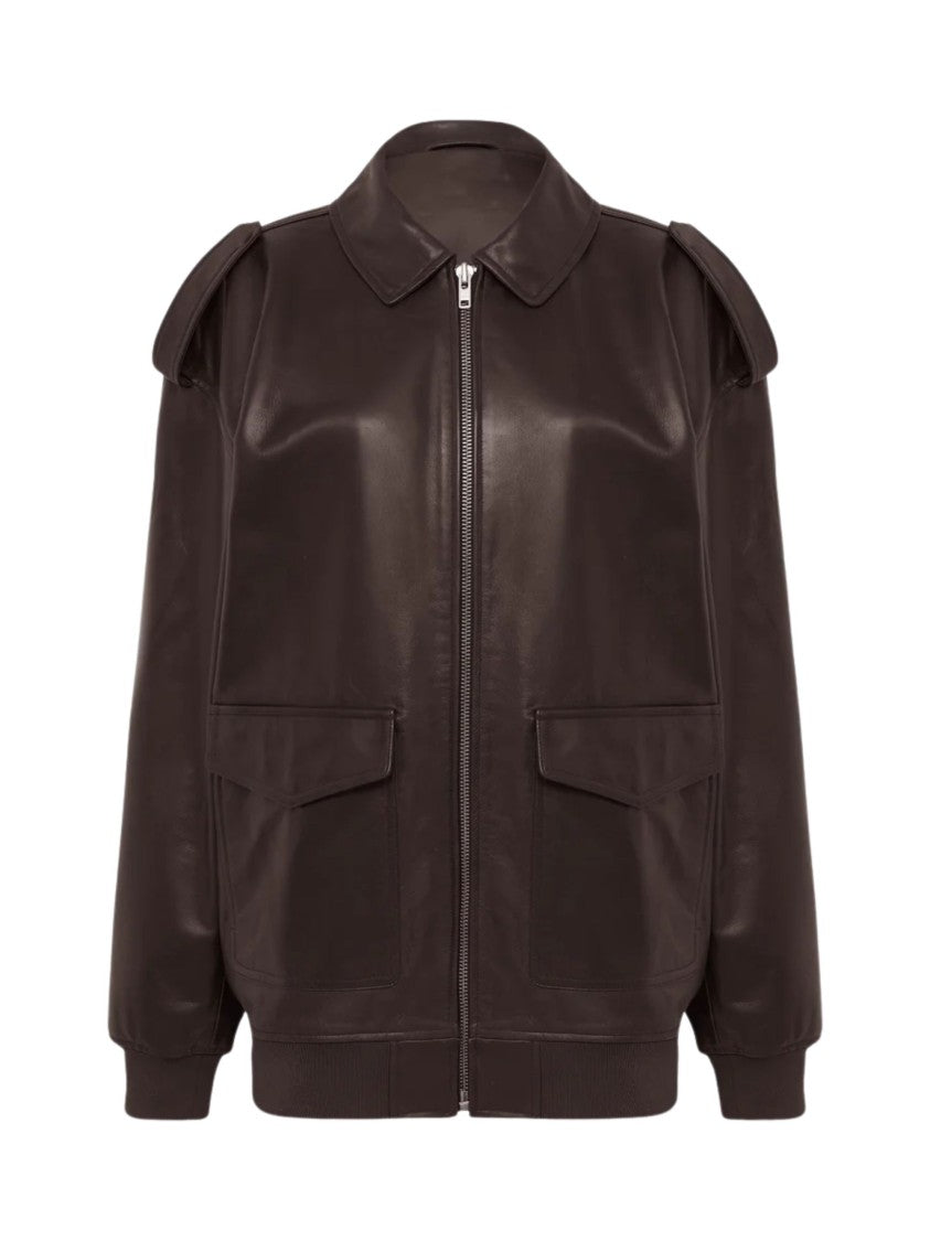 The Frankie Shop Brown Shoulder Epaulettes Leather Leather Jacket