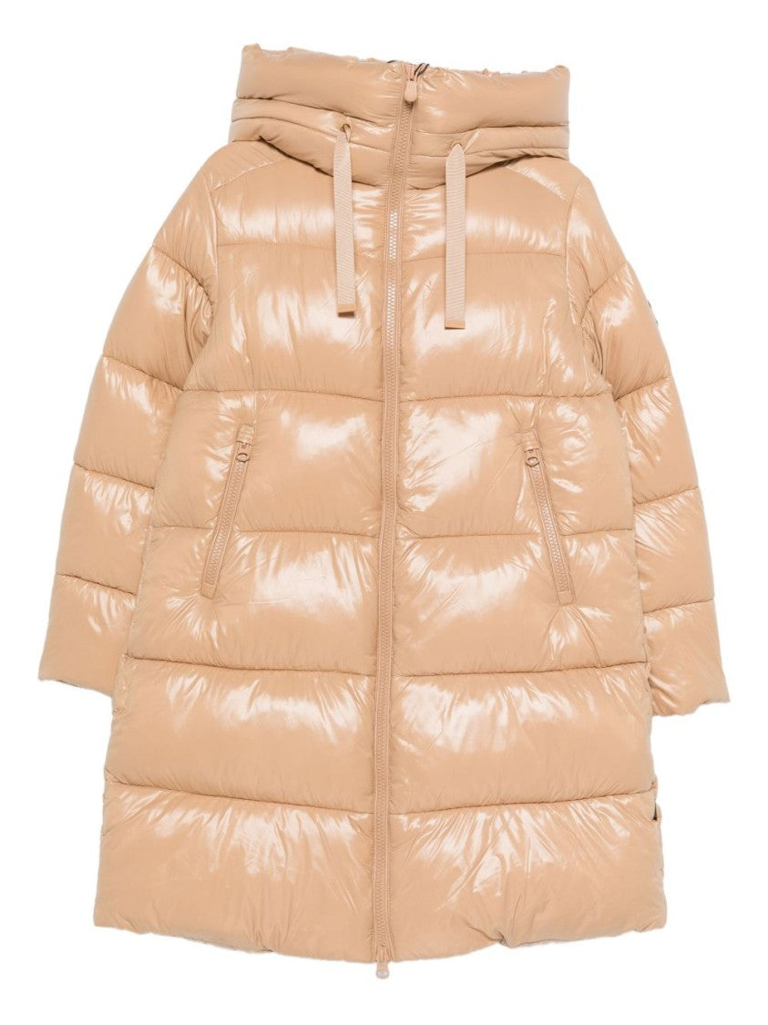 Save The Duck Beige Shiny Puffer Coat With Quilted Design