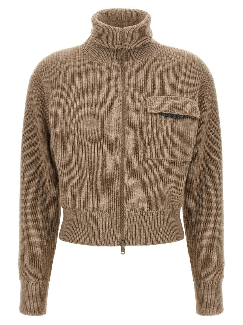 Brunello Cucinelli Shiny Flap Detail' Cropped Cardigan