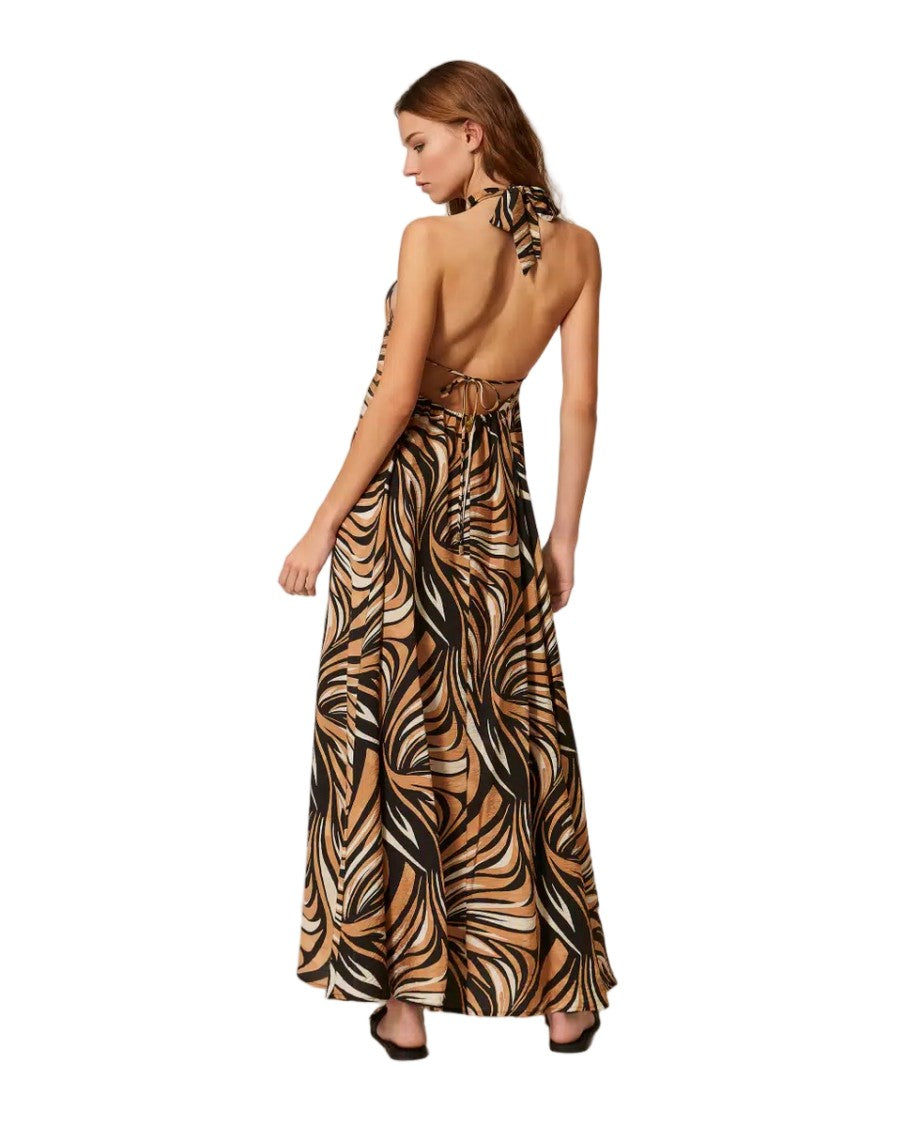 Twinset U&B Zebra Print Viscose Craquelé Halter Neck Maxi Dress