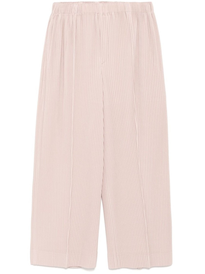 Homme Plissé Issey Miyake Pleated Almond Beige Crop Trousers With Side Welt Pockets