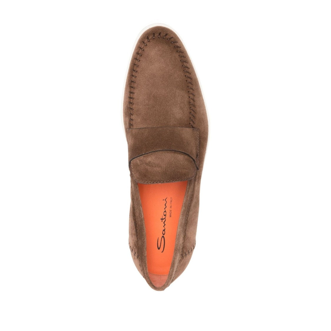 Santoni Brown Detailed Stitching Leather Loafers