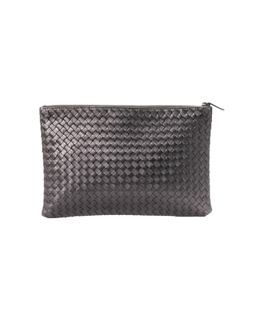 Bottega Veneta Metallic Gray Woven Leather Clutch With Silver Accents