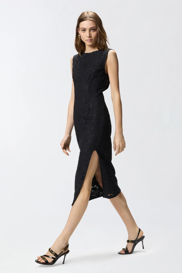Pinko Black Drupa Floral Lace Plunging Rear Neckline Cotton-Blend Mini Dress