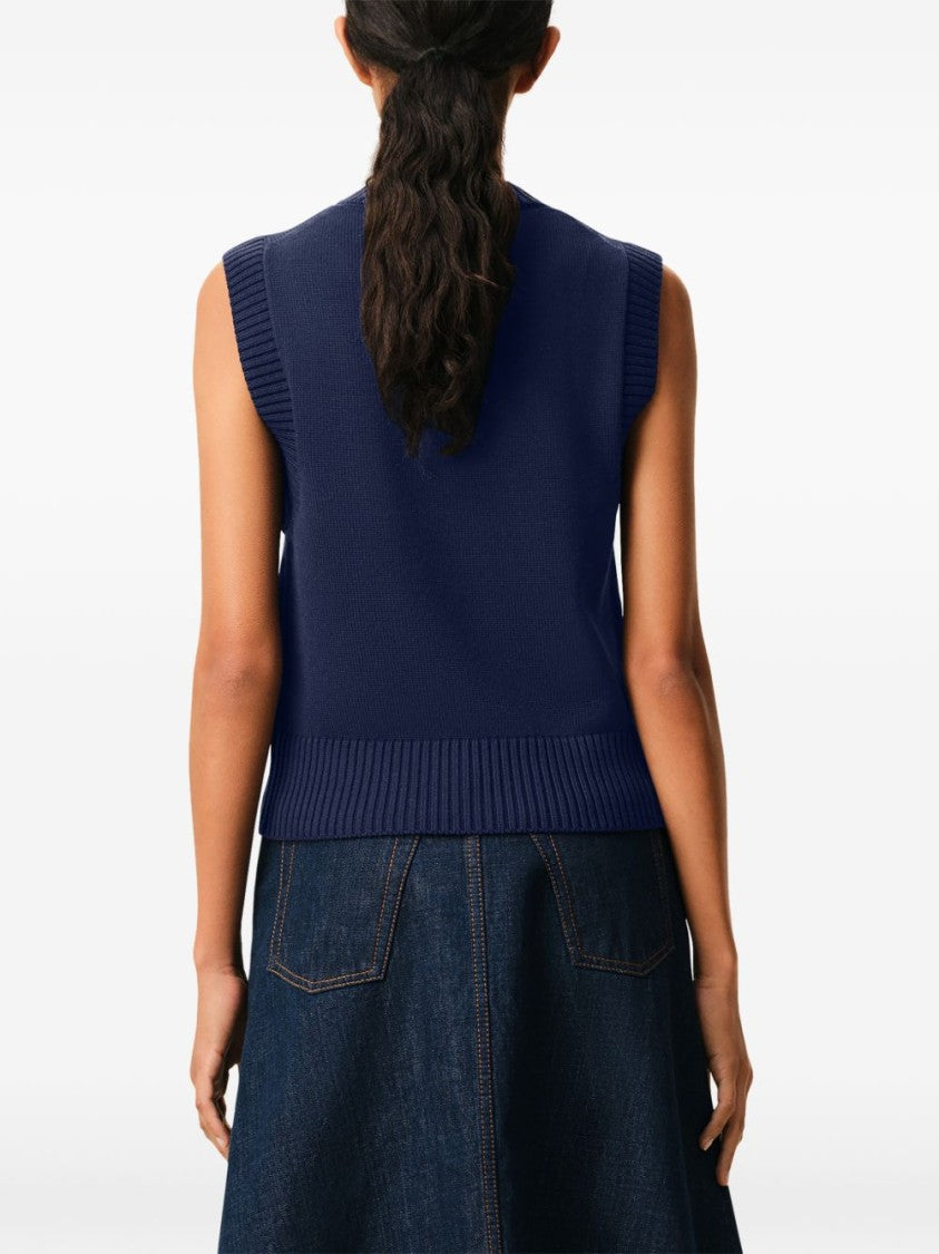 Ami Paris Sleeveless Deep Blue Sweater Vest With V-Neck And Ribbed Hem