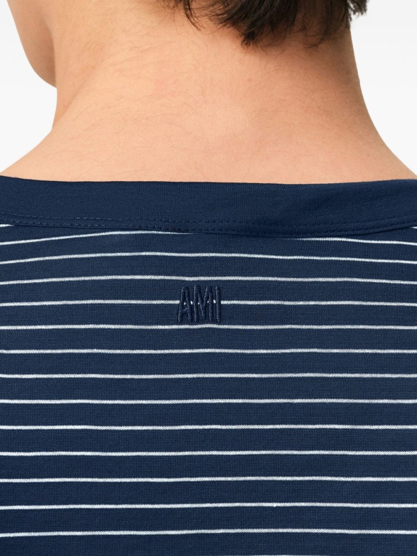 Ami Paris Ink Blue White Striped Embroidery T-Shirt