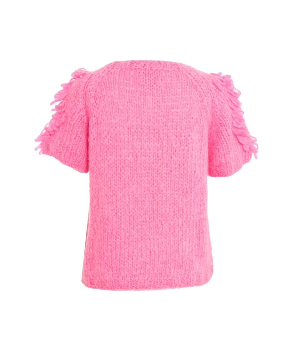 Dawn X Dare Short-Sleeve Ruffled Knit Sweater With Diamond Detailing