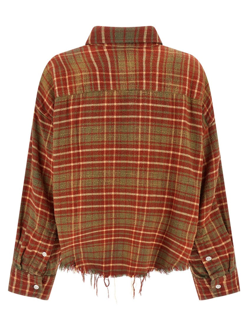 R13 Cropped Check Print Cotton Shirt With Fringed Asymmetric Hem