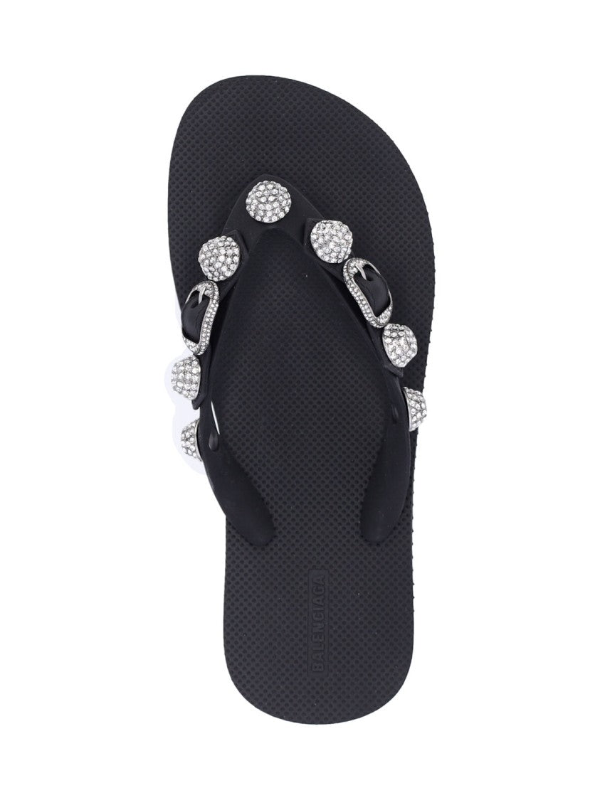 Balenciaga "Cagole" Stud And Rhinestone Flip-Flop Sandals – Black