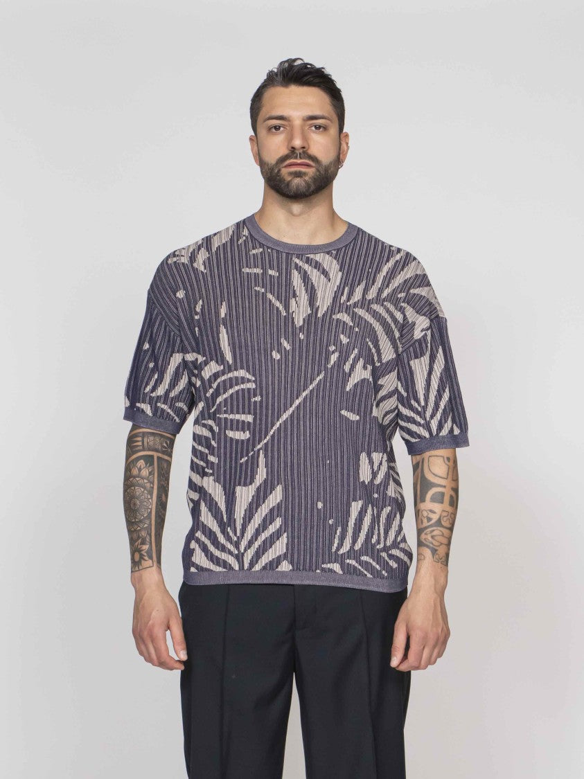 Emporio Armani Abstract Leaf Pattern Short-Sleeve Ribbed Top