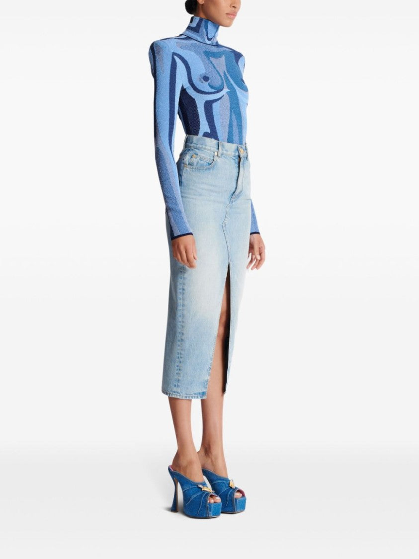 Balmain Washed Denim Midi Skirt