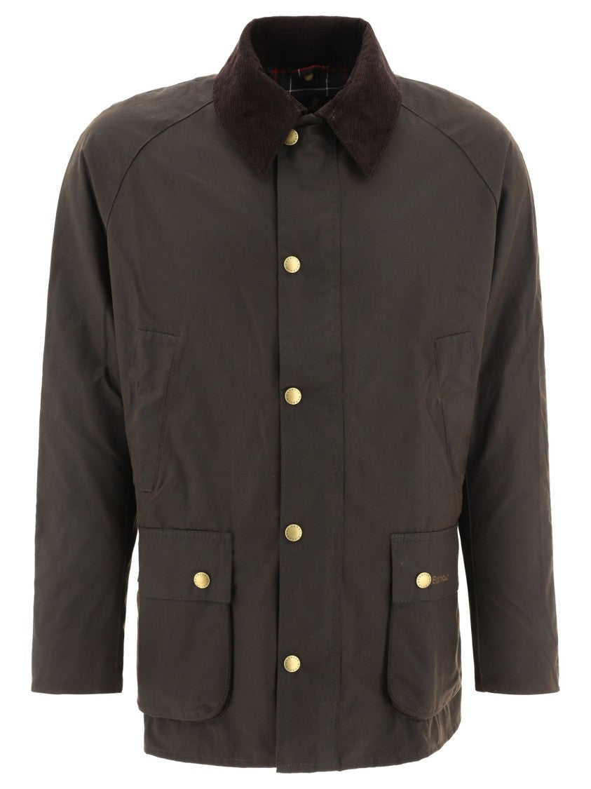 Barbour Waxed Cotton Jacket With Corduroy Collar And Flap Pockets