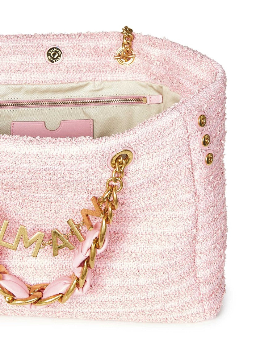 Balmain Soft Pink Tweed-Effect Raffia Shopper Bag