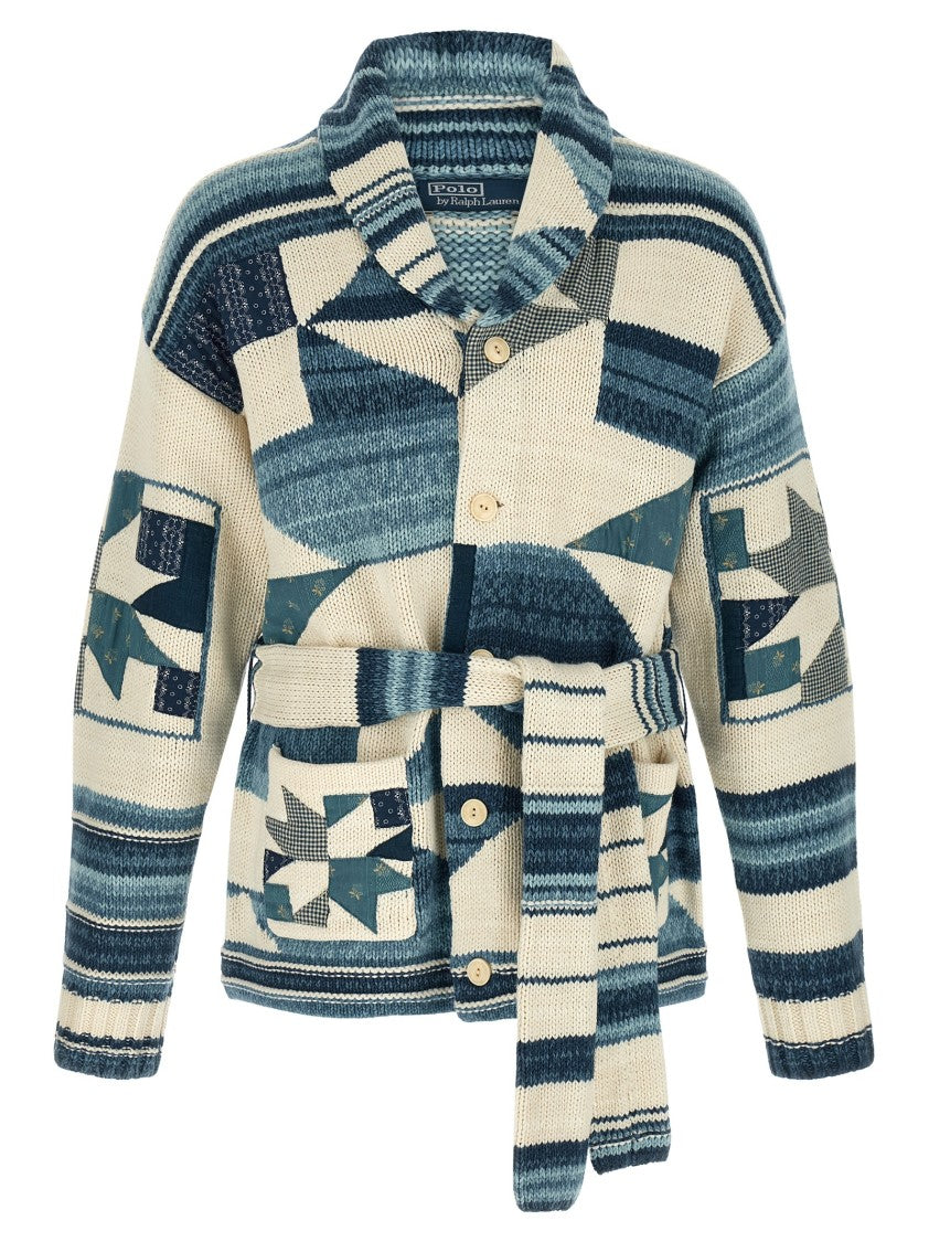 Polo Ralph Lauren Patchwork Knitted Cardigan With Shawl Collar And Removable Belt