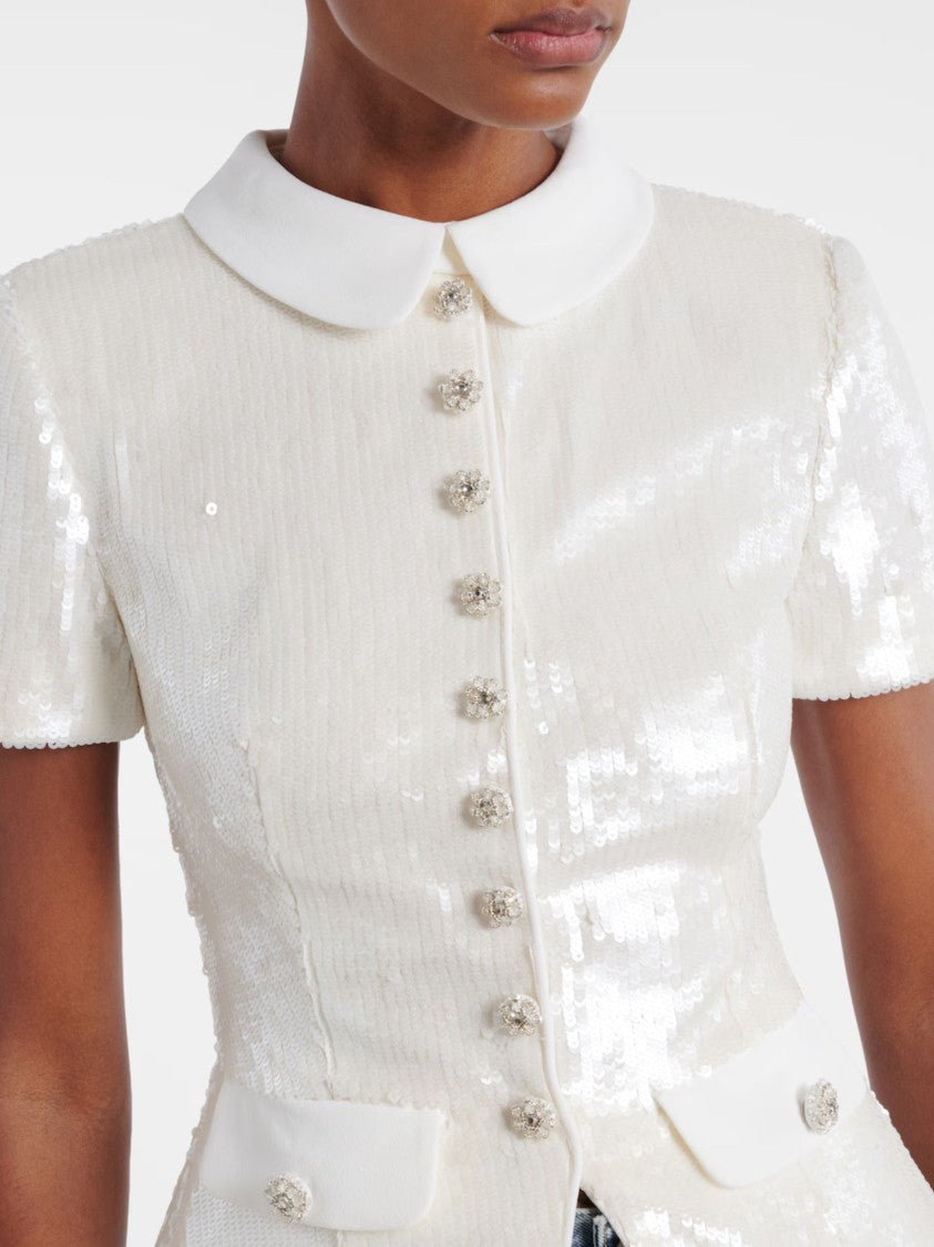 Self-Portrait White Crystal Floral Sequined Top