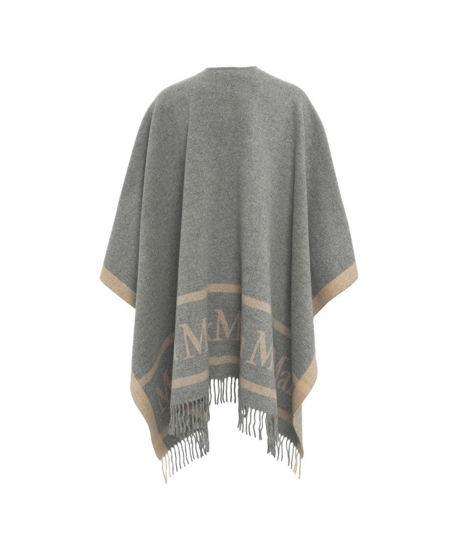 Max Mara Fringed Wool Cape With Logo Print