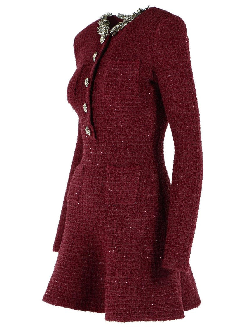 Self-Portrait Burgundy Textured Mini Dress With Beaded Detailing