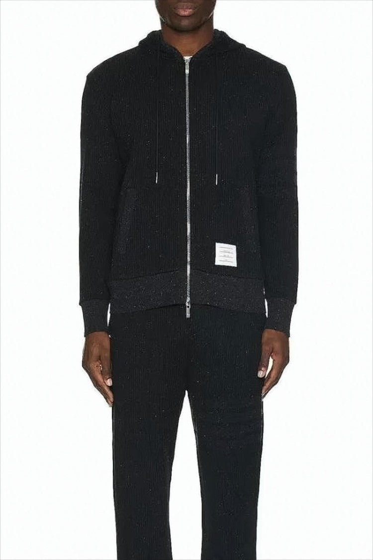 Thom Browne Ribbed Black Zip-Up Hoodie With Multicolored Speckles