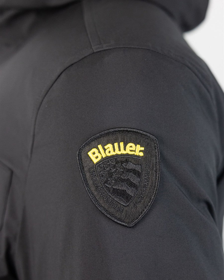 Blauer Monochromatic Light Neoprene Puffer Jacket With Hood And Functional Pockets