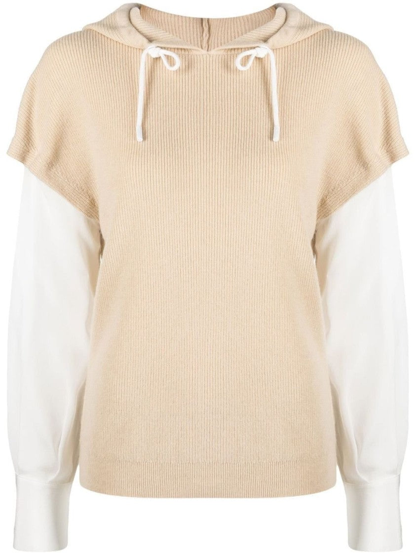 Max&Moi Beige Cashmere Hoodie With Layered Long Sleeves