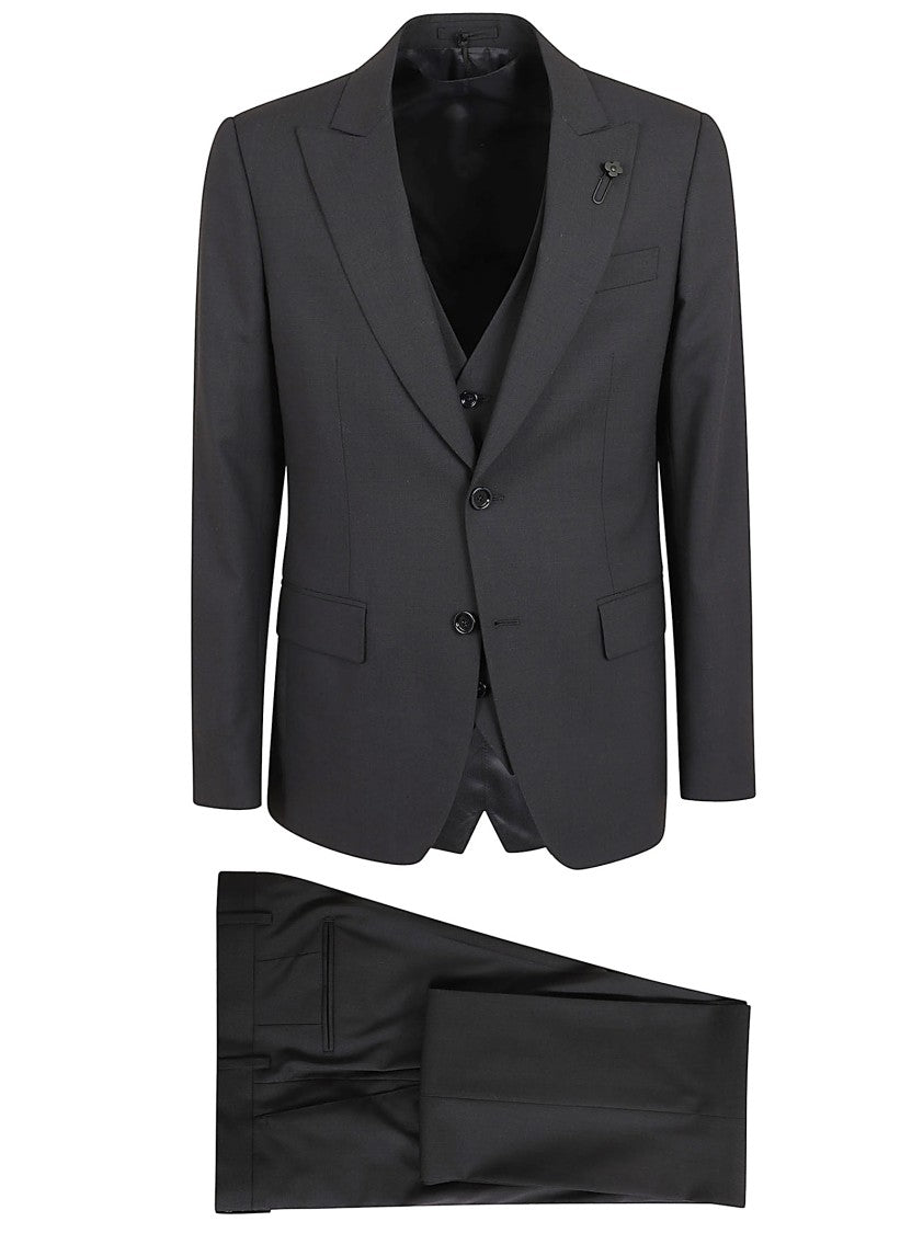 Lardini Tailored Three-Piece Suit With Flower-Shaped Lapel Pin