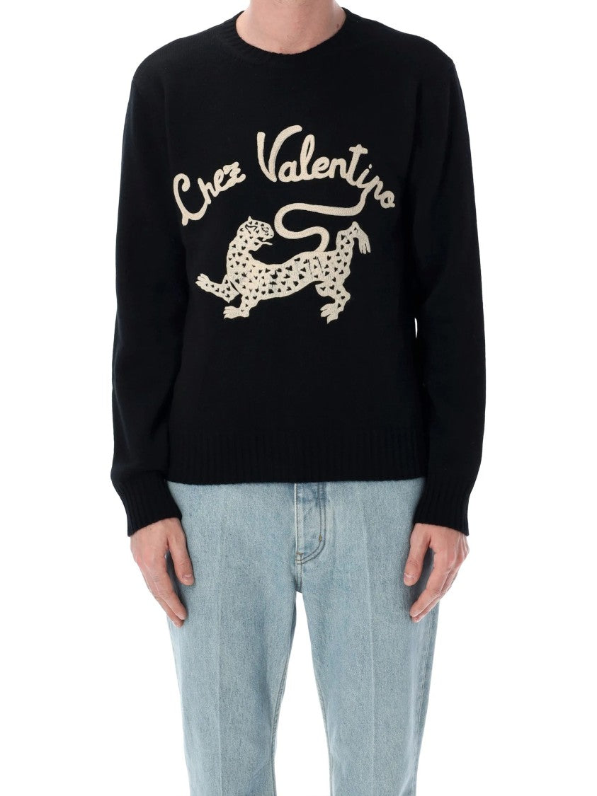 Valentino Cream Leopard Graphic Crewneck Sweater