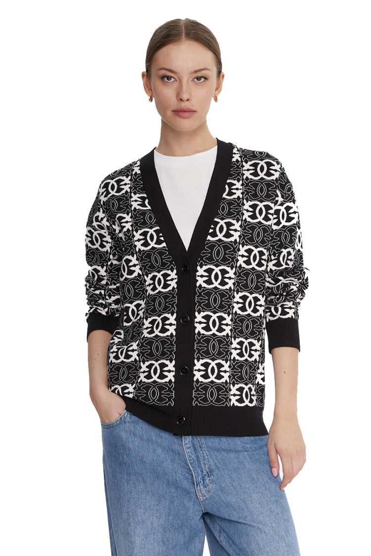 Pinko Black Monogram Jacquard Viscose-Blend Cardigan