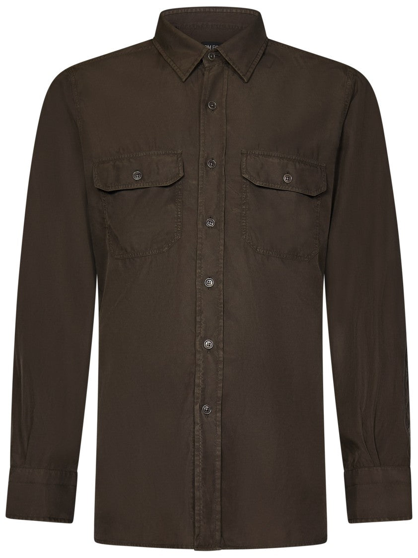 Tom Ford Military Green Cotton-Cupro Twill Shirt With Patch Pockets