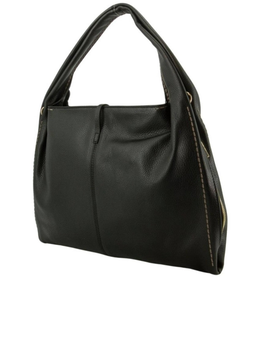 Visona` Black California Leather Oval Wooden Bag