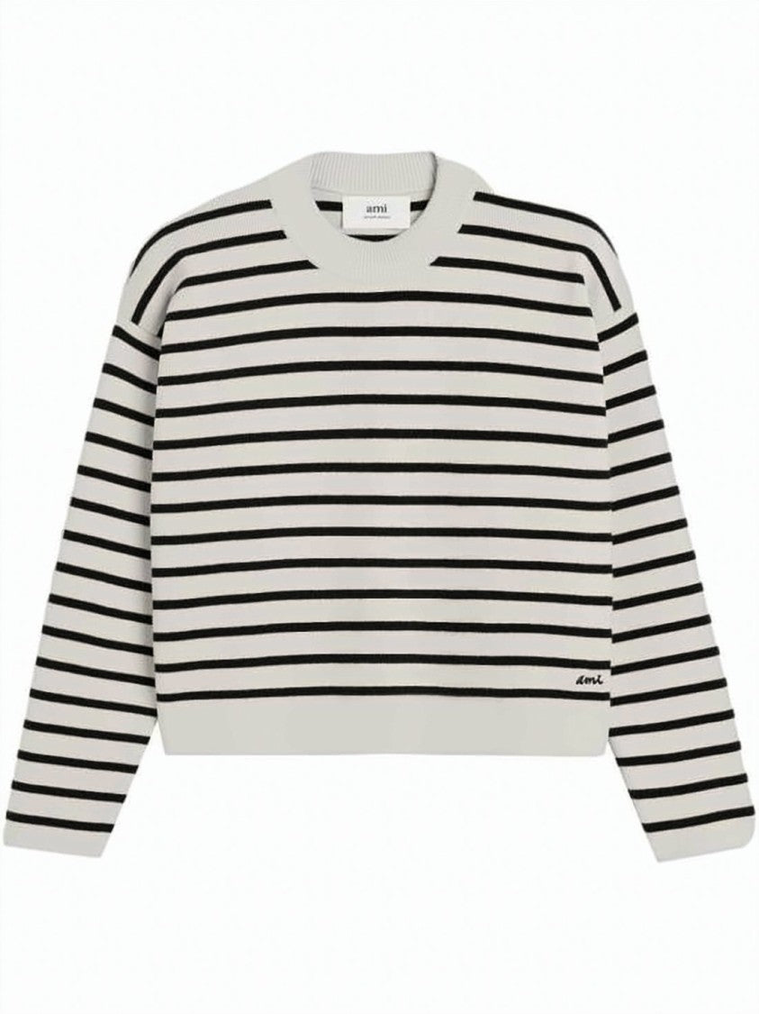 Ami Paris Cropped Striped Sweater With Crew Neckline And Embroidered Detail