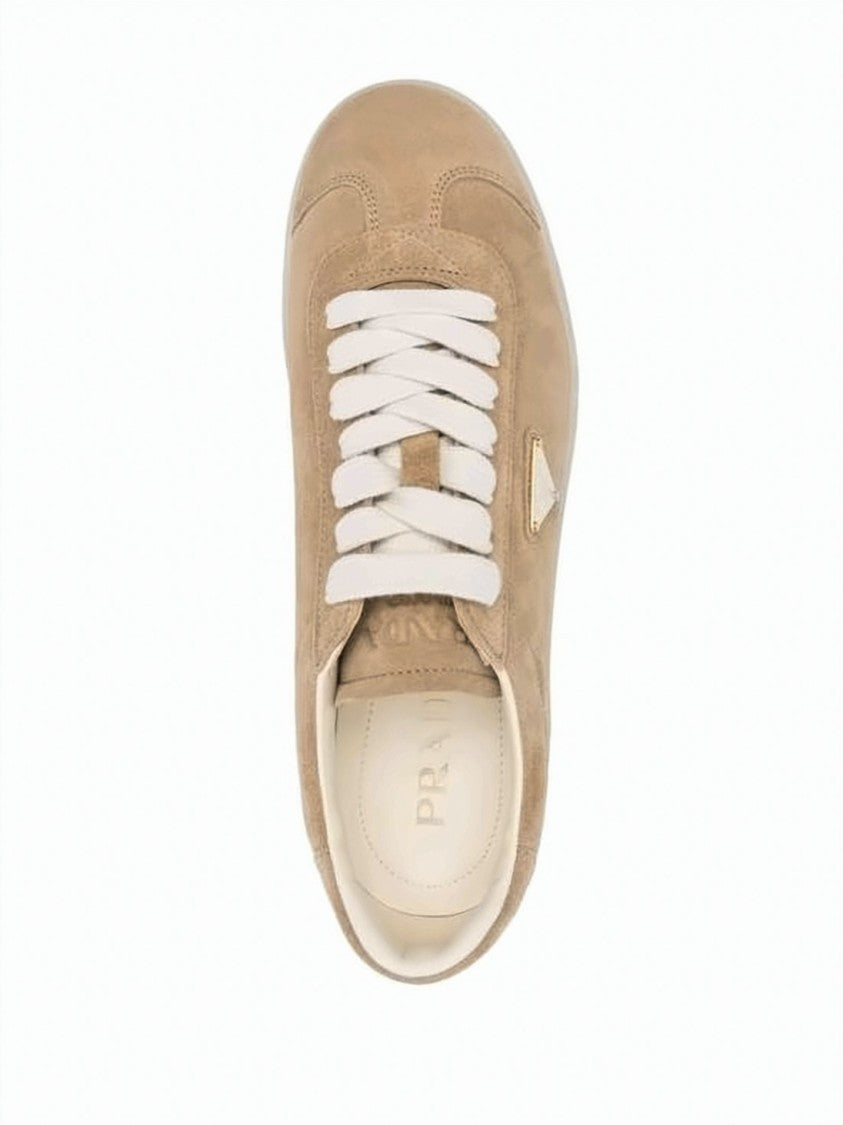 Prada Beige Suede Low-Top Sneakers With Iconic Triangular Logo