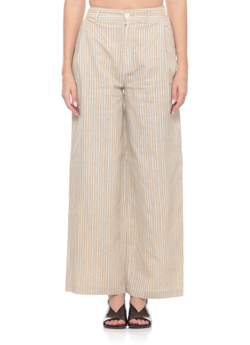 120% Lino Beige Striped Fastening Linen Pants
