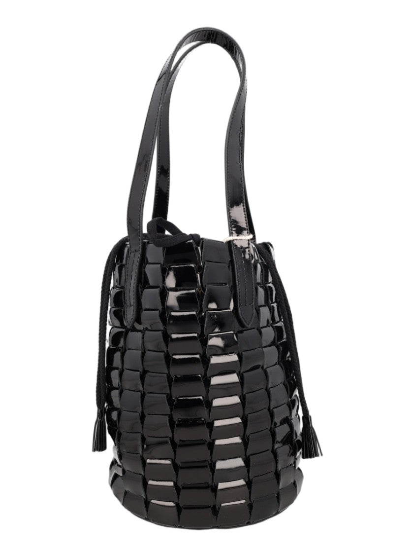Dragon Diffusion Black Glossy Woven Leather Drawstring Bucket Bag